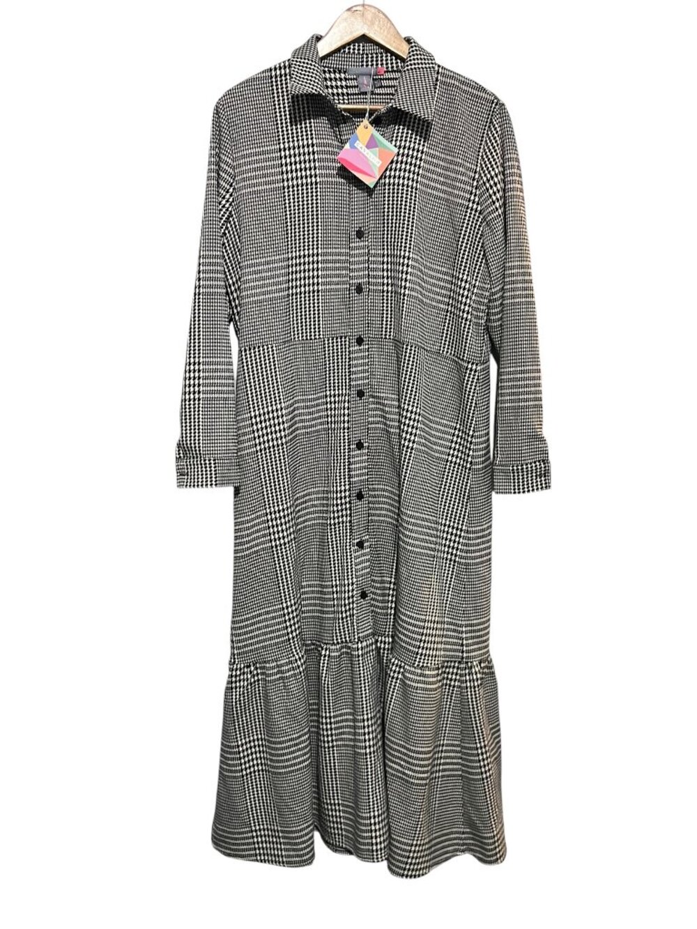 Cavalier Shirt Dress XL Houndstooth Black White Modest Maxi Long